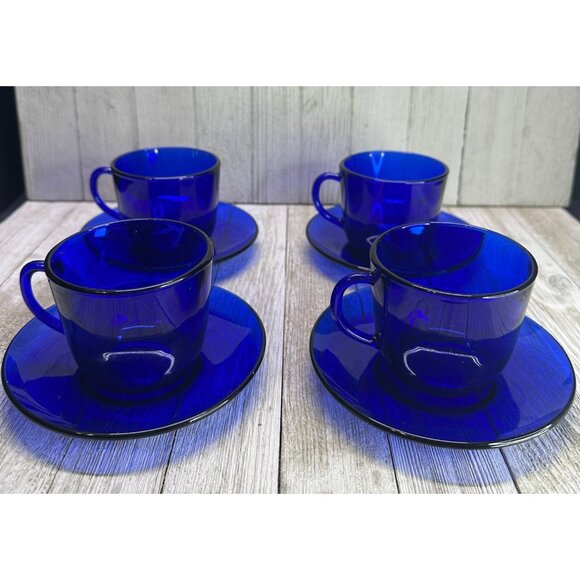 Vtg Cobalt Blue Cups 2.75" Tall and Saucers 5" DIA Depression Glass - Set of 4 - Picture 1 of 12